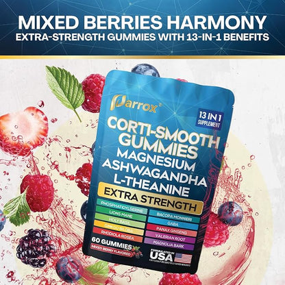 Corti-Smooth Cortisol Support Gummies with Magnesium, L-Theanine, Ashwagandha, Phosphatidylserine, Bacopa Monnieri, Lions Mane, Ginkgo Biloba, Valerian Root (Mixed Berry Flavor - 2 Pack)