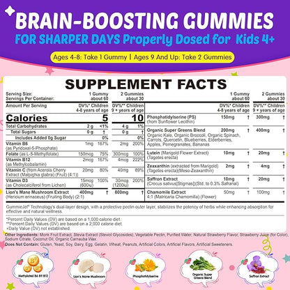 Kids Brain Gummies with Lion's Mane Mushroom, Methyl B6, B9, B12, Super Greens, Lutein, Brain Booster Supplement for Focus & Attention, Cognitive Function, Vision & Energy, Sugar Free, Vegan 60 Count