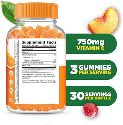 Lifeable Vitamin C Gummies for Adults | 750mg | Great Tasting Orange Flavor VIT C | Vegan Non GMO Vitamin C Chewable | for Immune Support | 90 Gummies