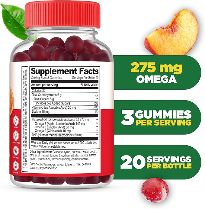 Lifeable Omega 3 6 9 Gummies | with Vegan DHA Supplement | Fish Oil Alternative from Plant Based Flaxseed Oil | Great Tasting Omega 3 Supplement | for Adults, Men & Women | 60 Gummies