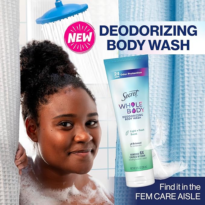 Secret Feminine Wash, 24 HR Deodorizing Feminine Body Wash for Women, Removes 6x Causes of Odor, PH Balanced, Safe to Use Everywhere, Light & Fresh, 8.0 oz, (Pack of 2)