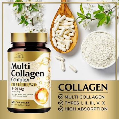 Multi Collagen Peptides for Women & Men - 2400mg per Serving - Best Hydrolyzed Collagen Complex with Type I, II, III, V, X - Hair, Skin, Nails & Joint Support Supplement - Bottled USA - 120 Capsules