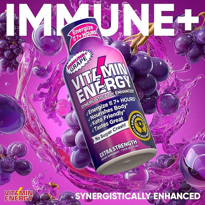 Vitamin Energy Immune+ Extra Strength Energy Shot Grape 48 Pack, 260mg Natural Caffeine, B-Vitamins, Citicoline, Green Tea, Immunity & Focus Support, Zero Sugar, Gluten-Free 1.93 fl oz