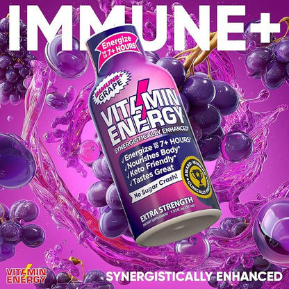 Vitamin Energy Immune+ Extra Strength Energy Shot Grape 12 Pack, 260mg Natural Caffeine, B-Vitamins, Citicoline, Green Tea, Immunity & Focus Support, Zero Sugar, Gluten-Free 1.93 fl oz