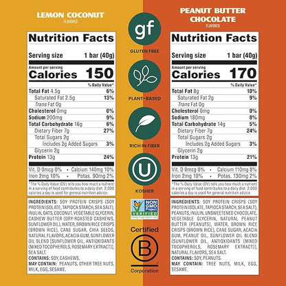 Simply Protein - Crispy Bars Variety Pack, Peanut Butter + Lemon Coconut - Plant Based Protein Bars - 13g Protein, 2g Sugar, 7g Fiber - Vegan, Gluten Free, Non GMO, Kosher - 16 Bars, 2 Boxes