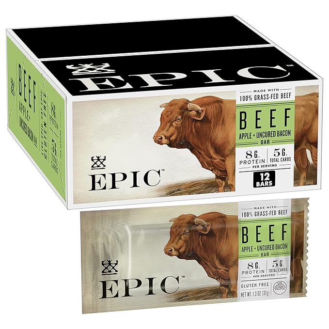 EPIC Beef Protein Bars, Uncured Bacon and Apple, Paleo Friendly, Gluten Free, Whole 30, 12 Ct, 15.6 oz