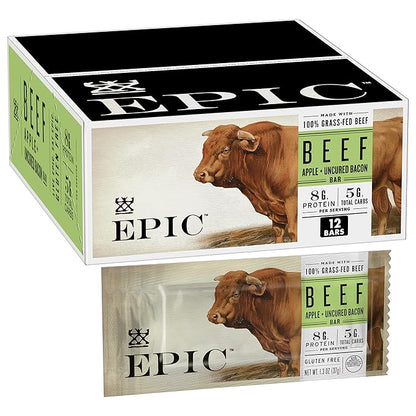 EPIC Beef Protein Bars, Uncured Bacon and Apple, Paleo Friendly, Gluten Free, Whole 30, 12 Ct, 15.6 oz