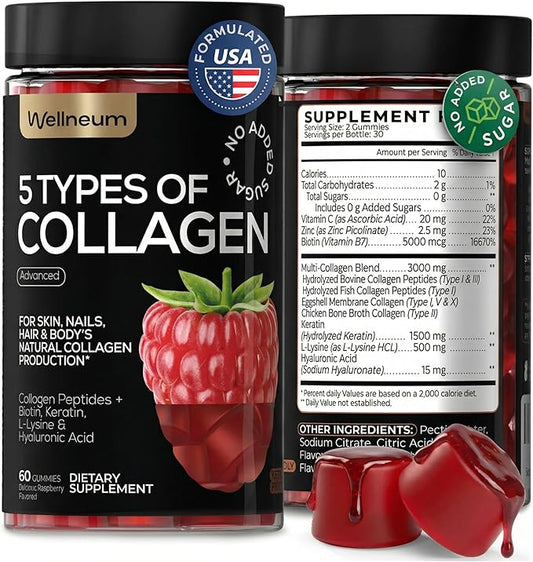 Collagen Peptides Gummies Sugar Free - 3000mg Multi Collagen Blend for Hair, Skin & Nails Support + 1500mg Keratin + 3000mcg Biotin, Hyaluronic Acid, Vitamin C & Zinc, 60 Gummies (Packaging May Vary)