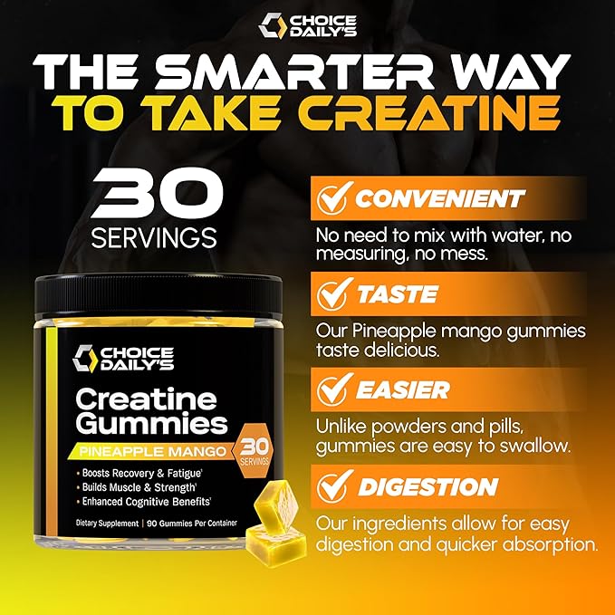 Creatine Gummies - 90 Vegan Friendly Chews - USA Made - Boosts Recovery - Builds Muscle - Enhanced Cognitive Benefits (Large, Pineapple Mango)
