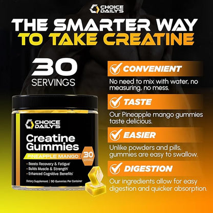Creatine Gummies - 90 Vegan Friendly Chews - USA Made - Boosts Recovery - Builds Muscle - Enhanced Cognitive Benefits (Large, Pineapple Mango)