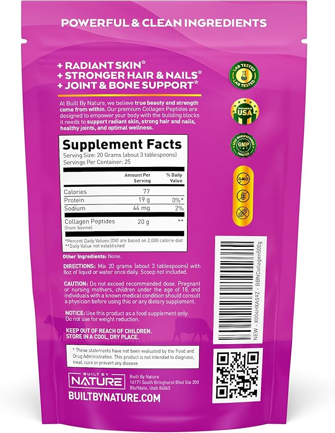 Collagen Peptides Powder - Hydrolyzed Collagen Protein for Women - Platinum Grade with No Odor or Taste, Easy Mixing - Grass Fed, Non-GMO - Hair, Skin, Nails Supplement - Unflavored, 500 Grams