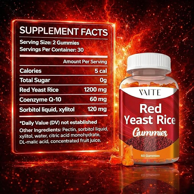 Red Yeast Rice with CoQ10 Gummies - 1200 mg RYR Synergy Plant-Based Supplement with Coenzyme Q10, Non-GMO, Citrinin-Free, No Artificial Additives, Supports Vitality, Endurance & Energy – 60 Gummies