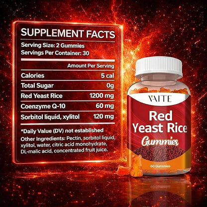 Red Yeast Rice with CoQ10 Gummies - 1200 mg RYR Synergy Plant-Based Supplement with Coenzyme Q10, Non-GMO, Citrinin-Free, No Artificial Additives, Supports Vitality, Endurance & Energy – 60 Gummies