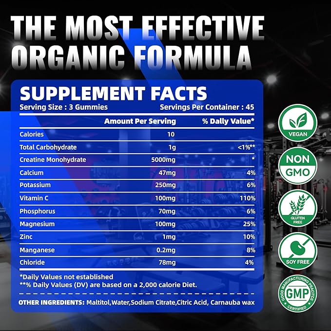 NSF Certified Creatine Gummy - Creatine Monohydrate Gummies for Men & Women-5g of Creatine Monohydrate per Serving - Sugar Free,Vegan, Blueberry Electrolyte Chews, 135 Count