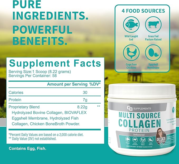 CB Supplements Multi Collagen Protein – Hydrolyzed Collagen for Joint, Skin, Gut, Hair & Nail Health – Unflavored Powder with Types I, II, III, V & X – Grass-Fed & Clean – 58 Servings