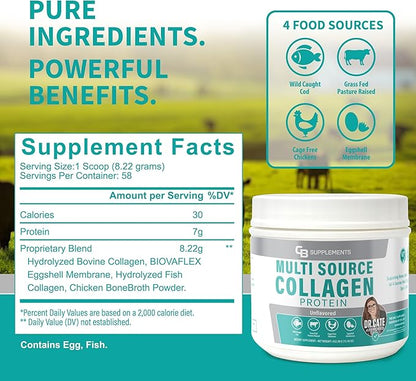 CB Supplements Multi Collagen Protein – Hydrolyzed Collagen for Joint, Skin, Gut, Hair & Nail Health – Unflavored Powder with Types I, II, III, V & X – Grass-Fed & Clean – 58 Servings