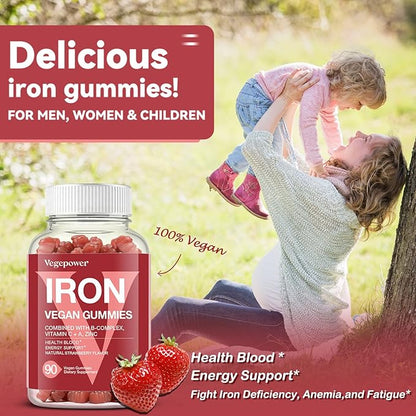 Iron Gummies Supplements for Women & Kids - Multivitamin with Vitamin C for Energy Support, Great Tasting Iron Gummy Vitamins with Vitamin C for Max Absorption - Vegan, Strawberry 90 Count
