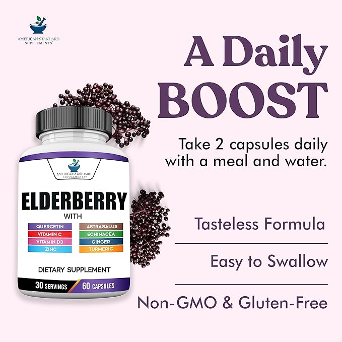 American Standard Supplements Elderberry Extract with Quercetin, Vitamin C, D3, Ginger, Zinc, Turmeric, Astragalus and Echinacea – 60 Capsules, 30 Servings