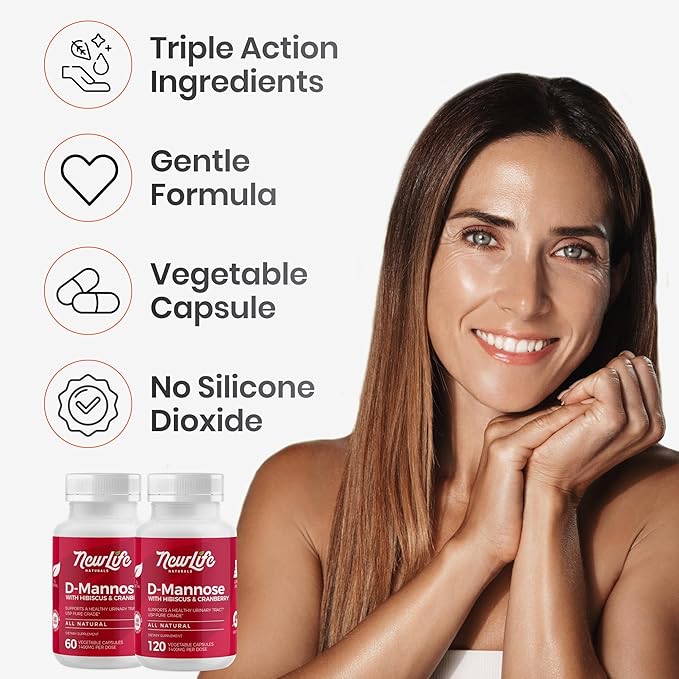 NewLife Naturals D-Mannose Capsules | w/Cranberry and Hibiscus Extracts | Natural Urinary Tract Health Supplement | 1400mg Pure Veggie Powder | 60 Veggie Capsules