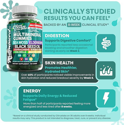 Sea Moss Gummies | Clinically Tested - Black Seed Oil Ashwagandha Elderberry Burdock Root Chlorella Manuka Honey - Vegan Irish Sea Moss Gummy Vitamins for Adults Kids Men Women - Green Apple Flavor