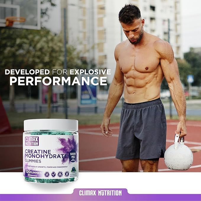 Creatine Monohydrate Gummies - Vegan, Sugar-Free, Gluten-Free - Boosts Muscle Recovery, Strength & Lean Muscle Growth - Brain Health Support - For Men & Women - Blueberry Flavor - 120 gummies