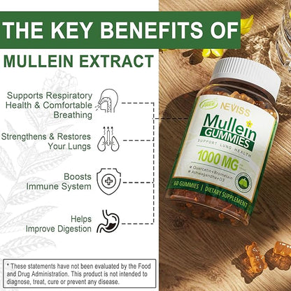 NEVISS Mullein Gummies for Lungs, Organic Mullein Leaf Extract 1000mg for Respiratory System with Quercetin & Bromelain, D3 for Digestive Support, Immune Booster, Sugar Free, Vegan, 60 Count