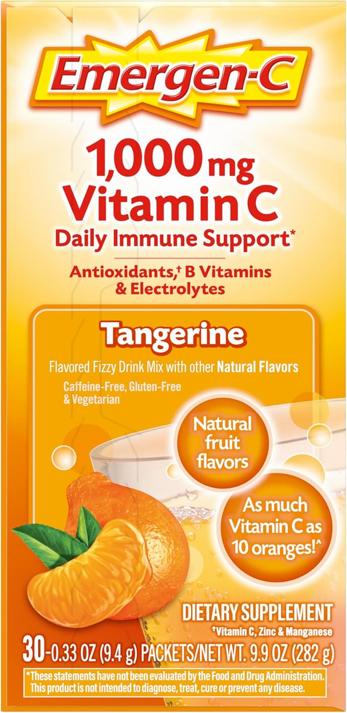 Emergen-C 1000mg Vitamin C Immune Support Powder Tangerine 30CT includes Zinc, Manganese, 7 B Vitamins and Electrolytes for Back to School Essentials