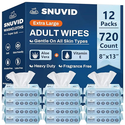 Adult Wipes for Elderly - 720 Count Extra Large 8"x13" Disposable Washcloths Rinse Free Bathing Wipes for Incontinence & Bedridden Care - Thick, Soft & Unscented with Aloe & Vitamin E (12 Packs of 60)