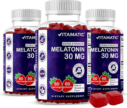 Vitamatic Sugar Free Melatonin 30mg per Gummy - 60 Servings - 60 Vegetarian Gummies - Non-Habit Forming Supplement (60 Count (Pack of 3))