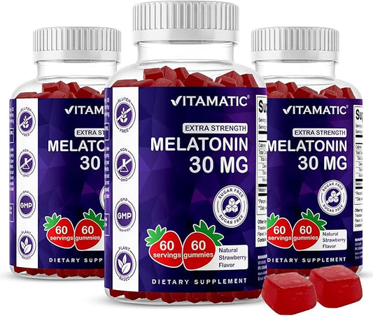 Vitamatic Sugar Free Melatonin 30mg per Gummy - 60 Servings - 60 Vegetarian Gummies - Non-Habit Forming Supplement (60 Count (Pack of 3))