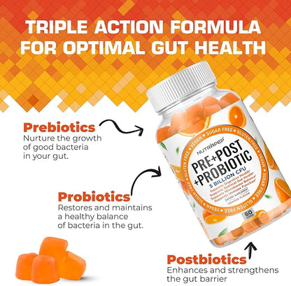 NutraPep Prebiotic Probiotic & Postbiotic Gummies for Women Men & Kids Children - High Potency 5 Billion CFU - Sugar-Free & Gluten 60 Count (Pack of 2)