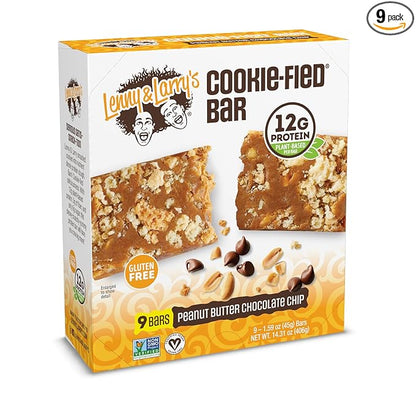 Lenny & Larry's Cookie-fied Protein Bar – Peanut Butter Chocolate Chip Vegan 9x45g – Healthy Snacks with 12g Plant Protein & 5g Fiber – Gluten Free Power Bar, Non-GMO & Vegan