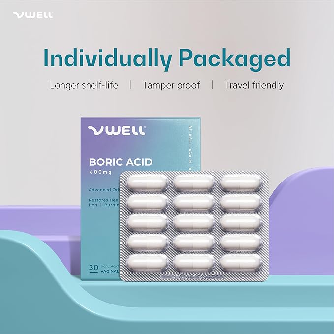 VWELL Boric Acid Vaginal Suppositories - Homeopathic Solution Maintains and Balances Healthy Vaginal pH & Microbiome Intimacy - Doctors Recommended (One Size, 60, Count)