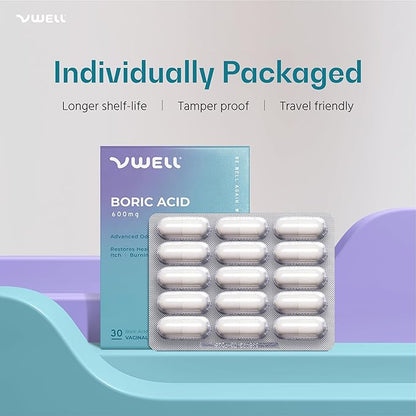 VWELL Boric Acid Vaginal Suppositories - Homeopathic Solution Maintains and Balances Healthy Vaginal pH & Microbiome Intimacy - Doctors Recommended (One Size, 30, Count)