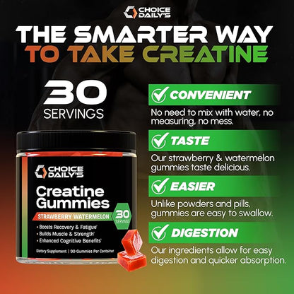 Creatine Gummies - 90 Vegan Friendly Chews - USA Made - Boosts Recovery - Builds Muscle - Enhanced Cognitive Benefits (Large, Strawberry Watermelon)