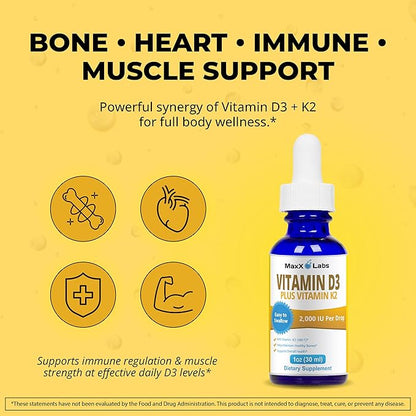 Vitamin D3 K2 Liquid Drops - Liquid Vitamin-D3 2000 IU Per Drop with K2 Supplements for Adults & Kids - Vitamin D K2 MK7 for Healthy Bones, Heart & Immune - 1 Oz Dropper + 900 Days Supply