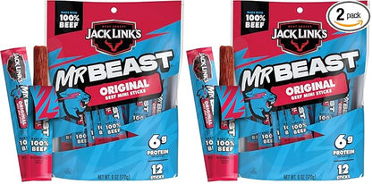 Jack Link’s x MrBeast Beef Sticks, Original Mini Beef Sticks, As Seen on Beast Games, 5g Protein, Made with 100% Real Beef, Pantry-Ready Snacks, 12 Count (Pack of 2)