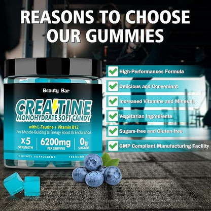 Creatine Monohydrate Gummies,6200mg for Men & Women, Chewable Creatine for Enhanced Muscle Growth, Strength, and Recovery, Sugar Free Pre-Workout Supplement,120 Count,Blueberry Flavor
