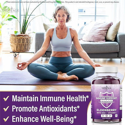 NEW AGE Immune System Support Gummies - Sambucus Black Elderberry Gummies with Vitamin C and Zinc (180 Count (Pack of 3))