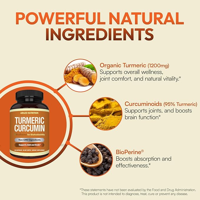 Arazo Nutrition Turmeric Curcumin with BioPerine 1300mg with Black Pepper - Joint Support Nutritional Supplements - 100% Herbal Tumeric Root Capsules (Pack of 2)