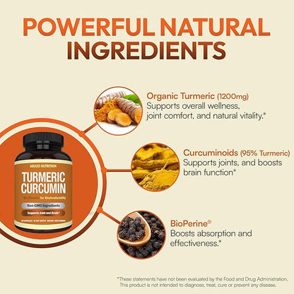Arazo Nutrition Turmeric Curcumin with BioPerine Black Pepper Extract - 1300mg Per Serving - Joint Support Nutritional Supplements - 100% Herbal Tumeric Root Capsules