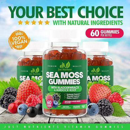 Sea Moss Gummies with Bladderwrack and Burdock Root - Natural Irish Sea Moss Superfood for Immune, Thyroid and Detox Support - Extra Strength for Men & Women - Gluten-Free, Vegan - 60 Gummies