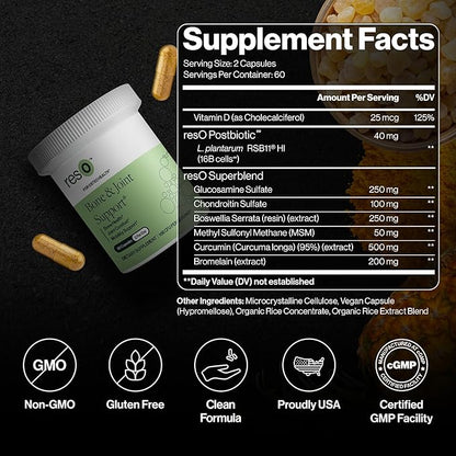 resO Bone & Joint Postbiotic for Women & Men - Natural Glucosamine & Chondroitin Supplement, Joint Health Support, Formula with Boswellia, MSM, & Vitamin D3, Gluten Free, Non GMO - 60 Capsules