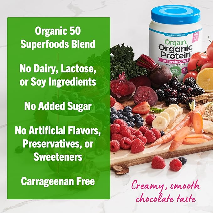Orgain Organic Vegan Protein + 50 Superfoods Powder, Creamy Chocolate Fudge - 21g Plant Based Protein, 10g Prebiotic Fiber, No Lactose Ingredients, Gluten Free, No Added Sugar, Non-GMO, 1.12 lb