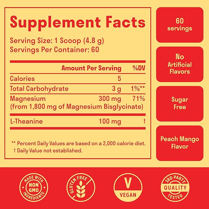 Magnesium Glycinate Powder + L-Theanine | 60 Servings | 300 mg per Scoop High Absorption Chelated Magnesium Powder for Sleep - Peach Mango Flavor, No Sugar, Support Restful Sleep & Relaxation
