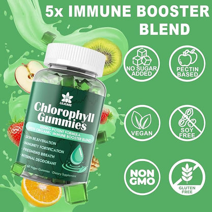 Chlorophyll Gummies - Super Green with Wheat Grass, Sea Moss, Unfiltered ACV & Elderberry, Echinacea, Zinc Complex & Vitamin D3, C, E, B12 for Natural Deodorant, Immune & Digestion Support, 60 Chews