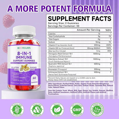 Immune Support Gummies – 8-in-1 Formula Herbal Supplements with Astragalus, Elderberry, Quercetin, Bromelain, Echinacea, Vitamin C, D3 and Zinc for Everyday Balance, Raspberry Flavor, 120 Count