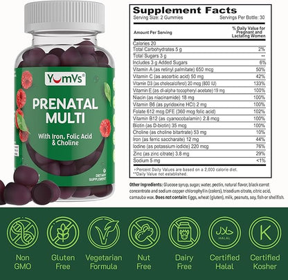 YumVs Prenatal Gummies for Women - Prenatal Vitamins for Women with Folic Acid, Iron & Choline - Vegetarian & Kosher Pregnancy Vitamins - Womens Prenatal Multivitamin with A C D3 E B6 B12 (60 Count)