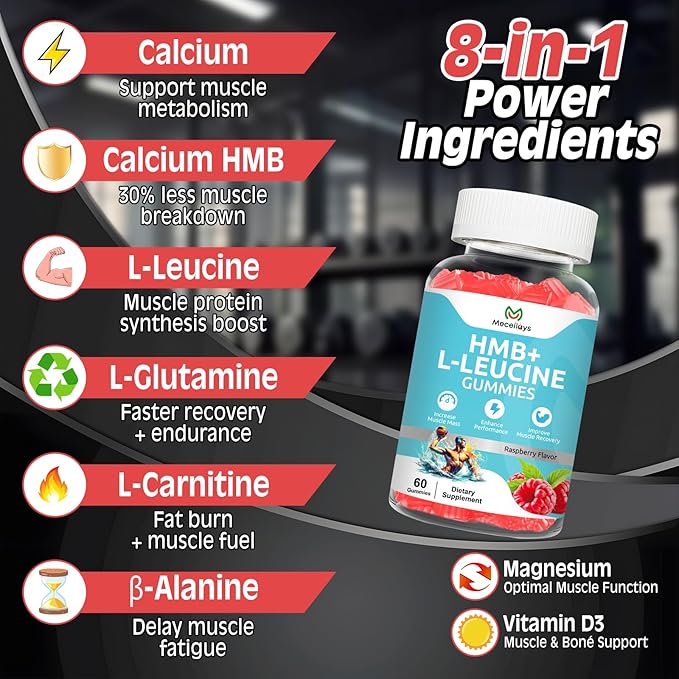 Hmb and Leucine Gummies Supplements for Men Women, 4000mg HMB & L-Leucine Amino Acid for Muscle Growth & Fast Work0ut Recovery, Non-GMO, Gluten-Free, Raspberry Flavor, 60 Count