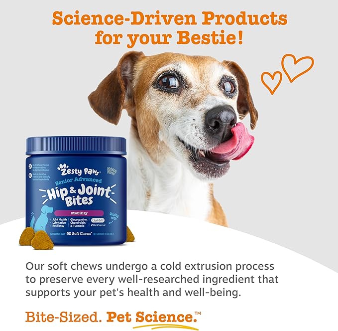 Zesty Paws Mobility Bites Joint Supplement for Dogs - Soft Chews with Glucosamine for Dogs, Chondroitin, & MSM + Vitamins C and E - Adv Chicken - 90 Count
